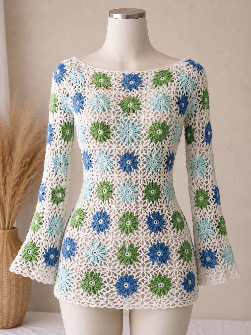 Handmade Crochet Floral Dress - Blue, Green, White